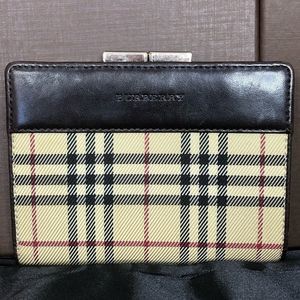 Mens BURBERRY Nova Check Compact Dark Brown Leather and Canvas Kisslock Wallet